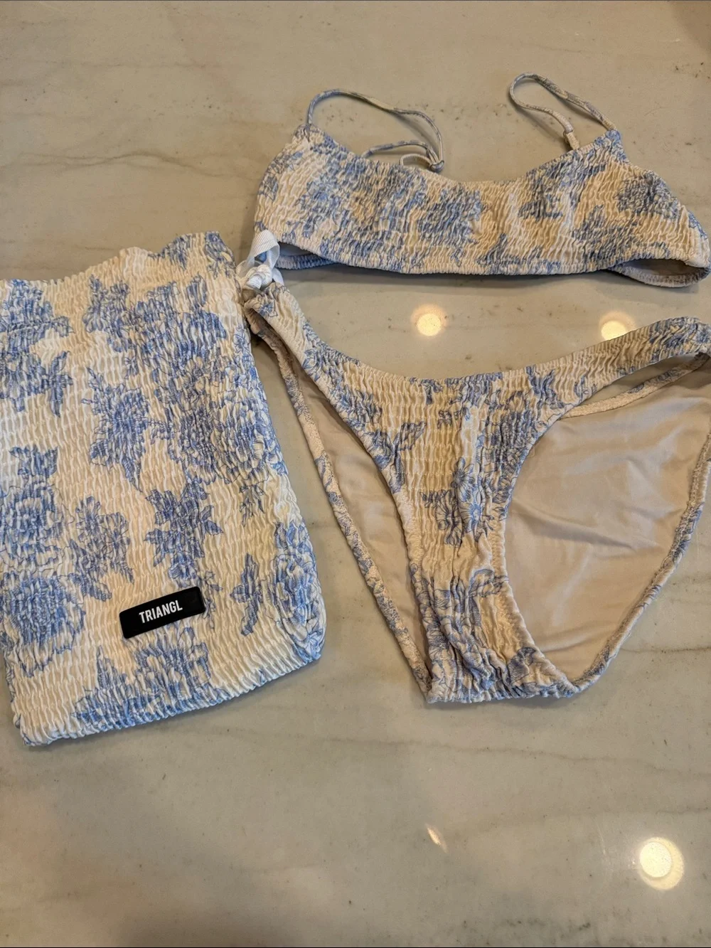 triangl swimwear Cream and Light Blue Smocked Bikini Set with Pouch